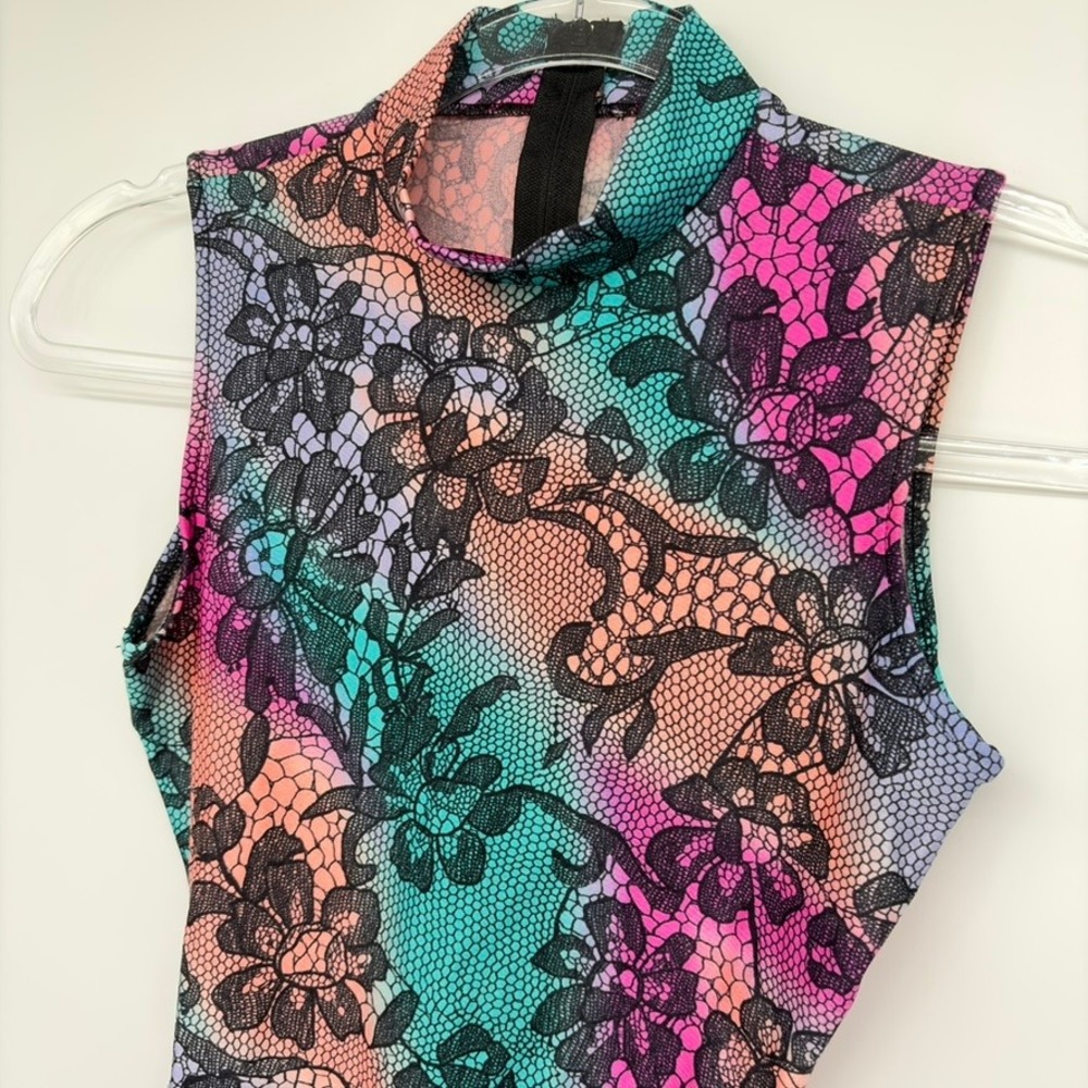 Gilda Marx Flexatard Vintage 80s Floral Lace Print Mock Neck Leotard Sz S USA - Picture 13 of 13